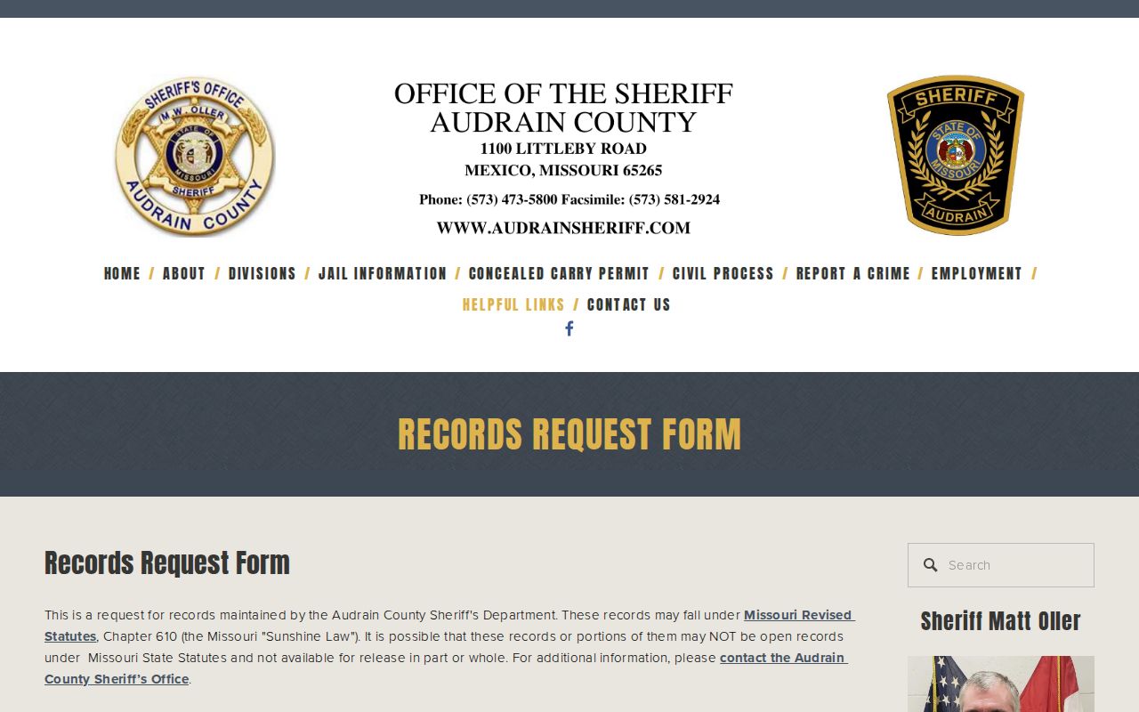 Audrain County arrest records request form from the sheriff