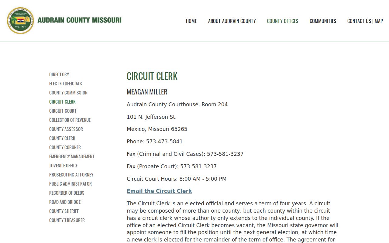 Audrain County criminal record clerk contacts and court divisions