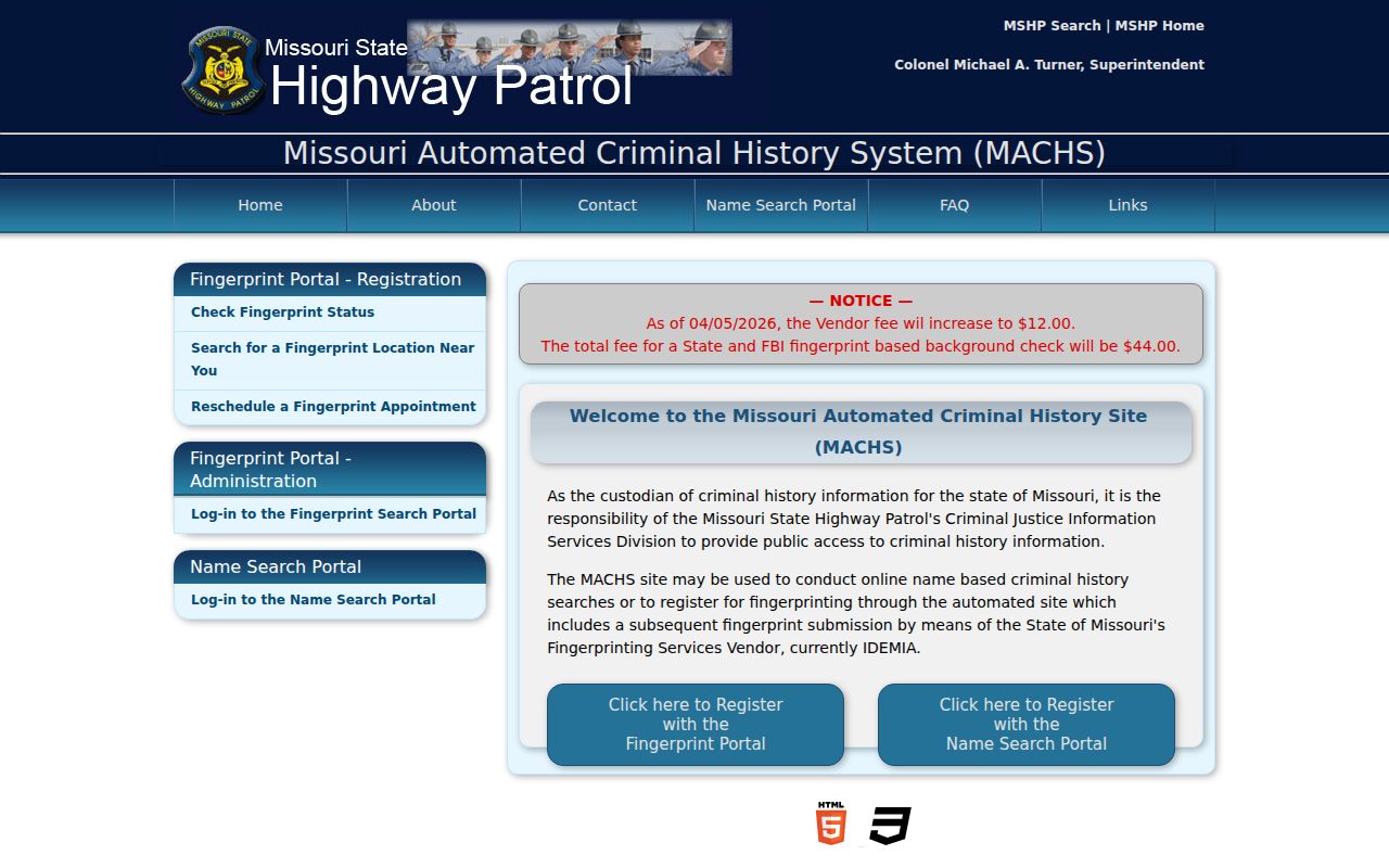 Audrain County criminal history options on the official Missouri MACHS portal