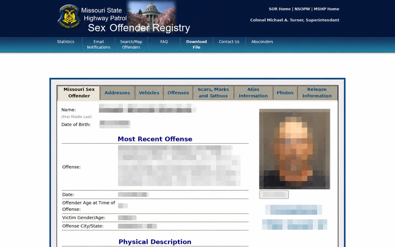 Profile tabs in an Audrain County sex offender registry result