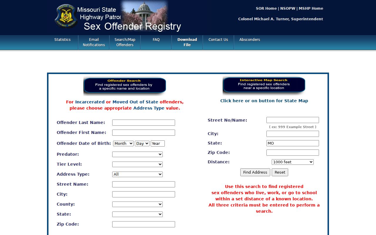 Missouri registry fields for an Audrain County sex offender search